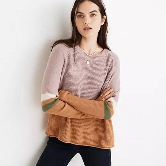 Madewell Sweaters - Madewell Striped Roll-Trim Waffle Pullover Sweater in Cotton-Merino Yarn
